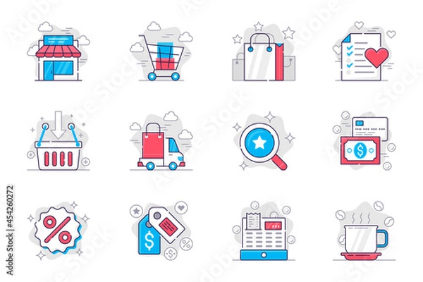Fototapeta Shopping concept flat line icons set. Make and pay for purchases at sales. Bundle of shop, bag, wish list, delivery, search, discount and other. Vector conceptual pack outline symbols for mobile app