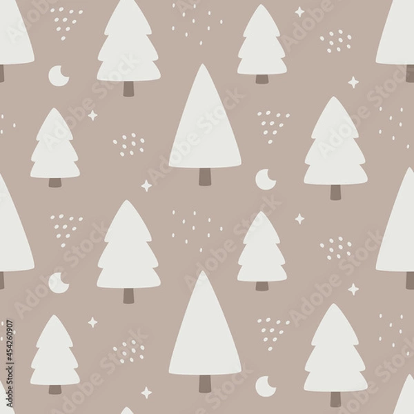 Fototapeta Christmas cute winter forest vector seamless pattern with Christmas trees, moon, graphic elements in trendy modern style