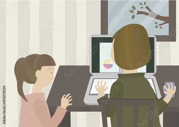 Obraz リモートワークをしている母親と子供