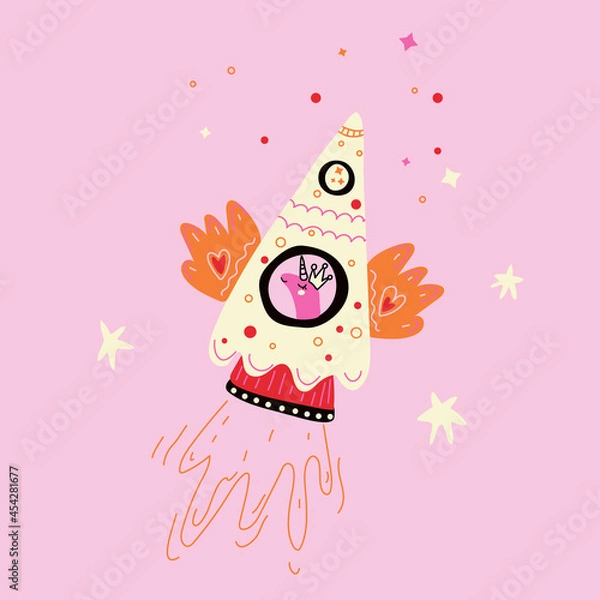 Fototapeta Unicorn flying in rocket flat vector illustration. Scandinavian style animal traveling in space. Sketchy stars, planets. Children textile, t-shirt print.