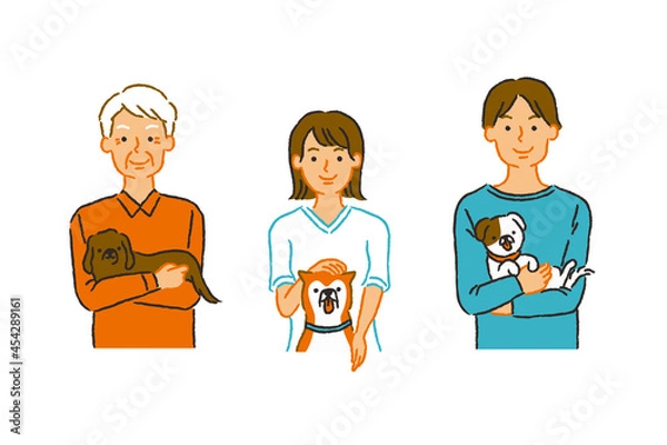 Obraz 笑顔で犬を抱えるいろんな飼い主