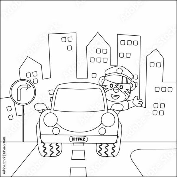 Obraz Cute bear police patrol on highway. Cartoon isolated vector illustration, Creative vector Childish design for kids activity colouring book or page.
