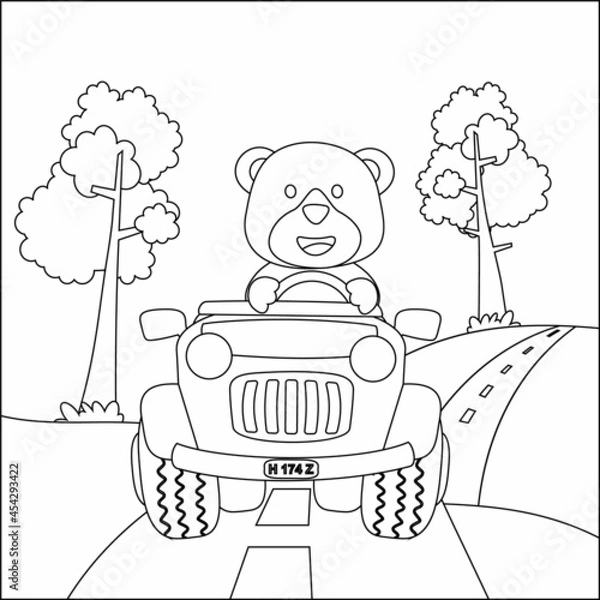Obraz Cute bear cartoon having fun driving off road car on sunny day. Cartoon isolated vector illustration, Creative vector Childish design for kids activity colouring book or page.