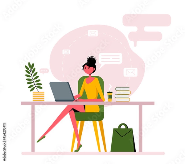 Obraz Working concept, Beautiful woman working in the office. Cute vector illustration in flat style.