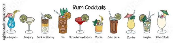 Fototapeta Collection set of classic rum based cocktails Cuba Libre, Mojito, Tiki, Pina Colada, Maitai, Zombie, Blue Lagoon, Dark and Stormy, etc. Cartoon doodle style vector illustration