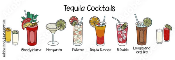 Fototapeta Collection set of classic tequila based cocktails Sunrise, Bloody Maria, El Diablo, Paloma, Margarita and two shots of golden silver tequila with sangrita. Cartoon doodle style vector illustration