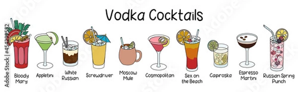 Fototapeta Collection set of classic vodka based cocktails Bloody Mary, Moscow Mule, Screwdriver, Sex on the Beach, Espresso Martini, White Russian, Appletini and oth. Cartoon doodle style vector illustration