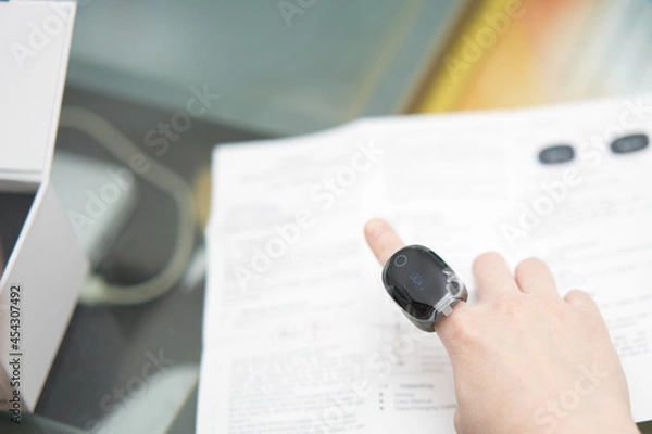 Fototapeta pulse oxygen meter for monitor blood cardio in ring form to finger apply with blur user manual