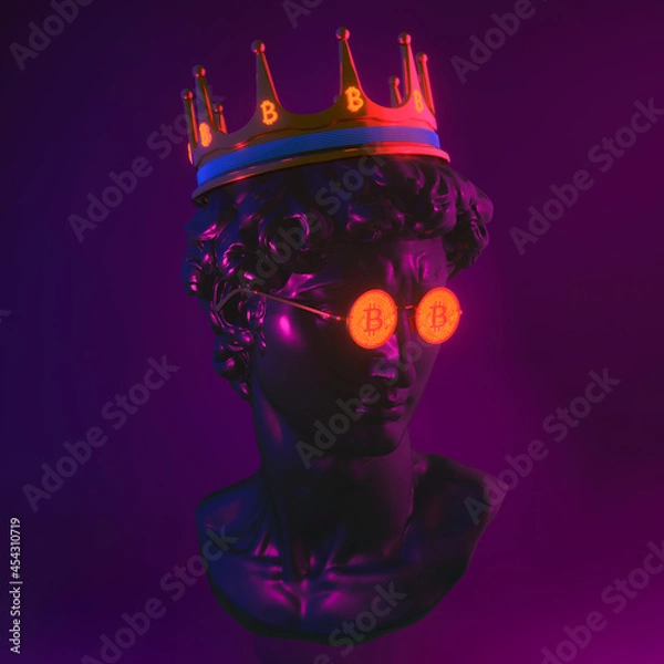 Fototapeta Creative. Plaster statue of David's head in bitcoinglasses. Minimal concept art. 3d render.