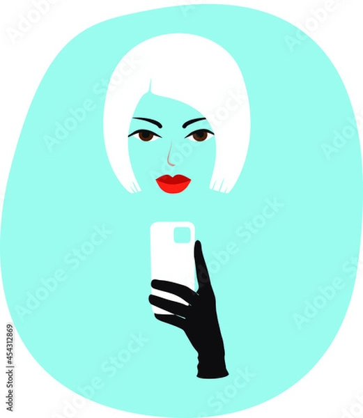 Fototapeta The blonde takes a selfie. A young girl in a black glove holds a smartphone in her hands. Flat illustration. Avatar. Vector.