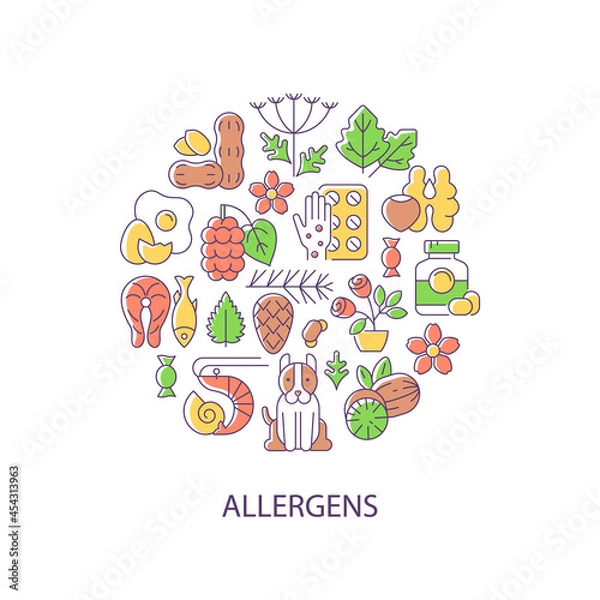Fototapeta Allergens abstract color concept layout with headline. Allergy reaction reasons creative idea. Pharmaceutical drugs for rush sources. Isolated vector filled contour icons for web background