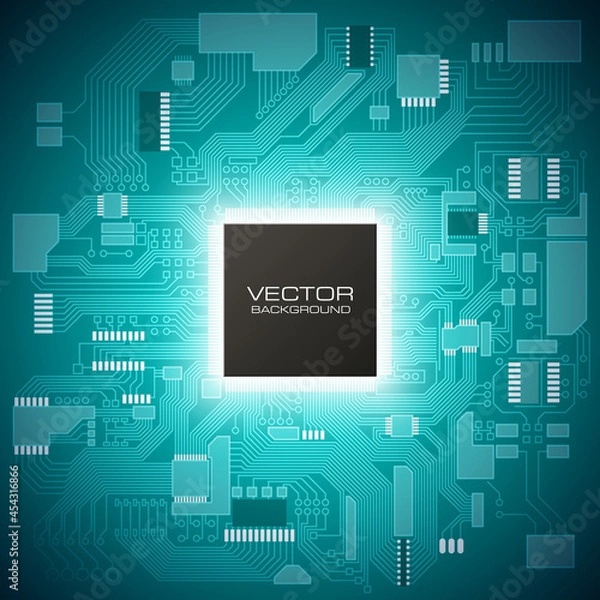 Obraz Circuit board. Electronic computer hardware processor technology. Motherboard digital chip. Tech science background. Integrated communication processor. Information engineering motherboard component