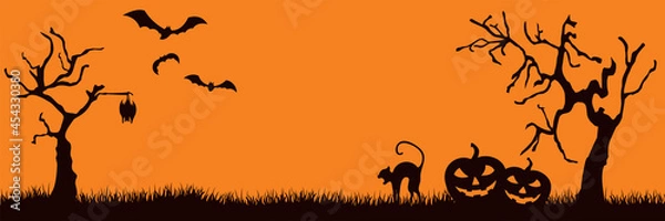 Fototapeta Halloween silhouettes. Spooky cat and two pumpkins near crooked trees and bats.