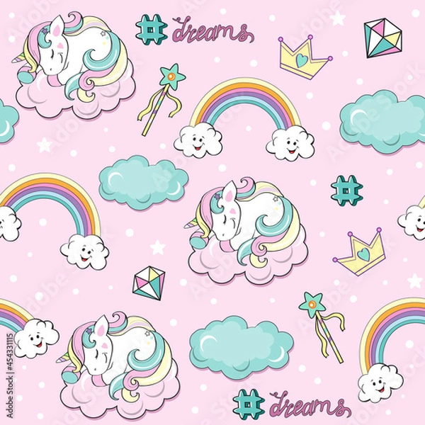 Fototapeta beautiful unicorns pop art on the clouds seamless pattern on a pink background