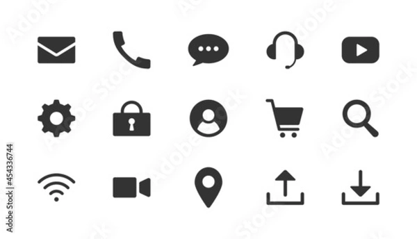 Obraz 問い合わせ、メール、メッセージ、動画、ビデオ、電話などの基本アイコンイラストセット