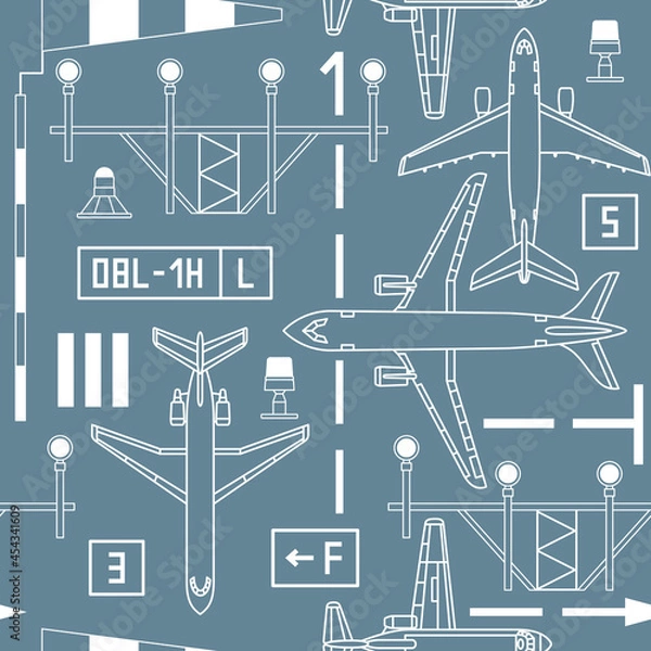 Fototapeta seamless pattern with passenger airplanes, strip lights and signs on gray background
