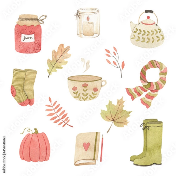 Fototapeta Autumn attributes. Set of watercolor objects: cup of tea or coffee, teapot, pumpkin, candle holder, jam jar, warm socks, scarf, rubber boots and leaves. Illustrations for stickers, background or card
