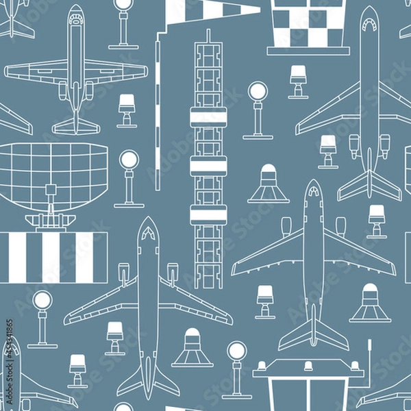 Fototapeta seamless pattern with passenger airplanes and aerodrome facilities on gray background