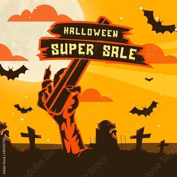Obraz Hand drawn halloween sale concept with zombie hand and graveyard design