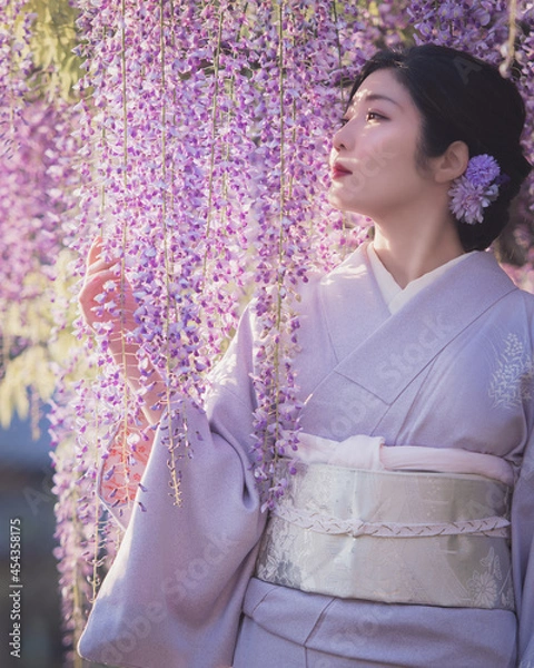 Obraz 着物を着た女性と藤の花
