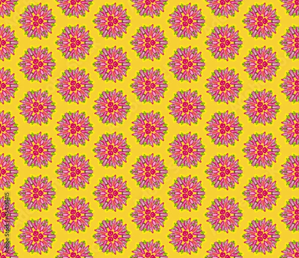Fototapeta Full Frame Seamless Illustrated Pink Flower Pattern on Yellow Background