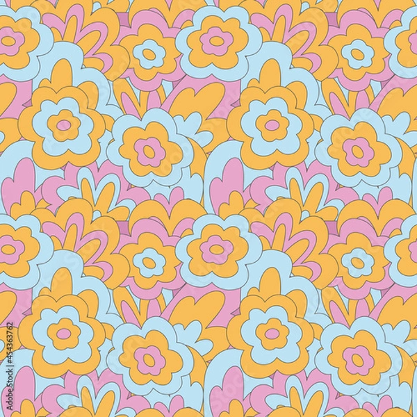 Fototapeta groove seamless pattern in 70s style - flowers, leaves, waves, shapes.A faded palette of hippie music festivals.Old textile with botanical ornament.Indie kid and summer of love.Autumn warm cottagecore