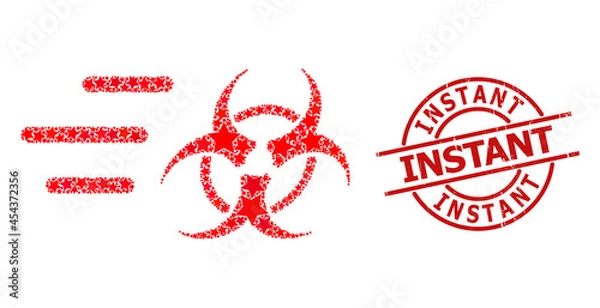 Fototapeta Rush biohazard star mosaic and grunge Instant seal stamp. Red seal with scratched style and Instant phrase inside circle. Abstract rush biohazard mosaic is constructed from randomized flat star icons.