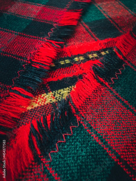 Obraz Traditional Bulgarian red cloth on the table at the restaurant. Balkan style fabric textile.