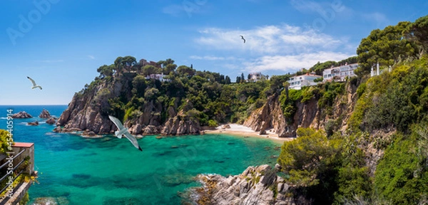 Fototapeta Panoramic view of the Costa Brava seaside of Catalonia, Spain. Coastline of Blanes near Marimurtra garden with small beach and cliffs.
