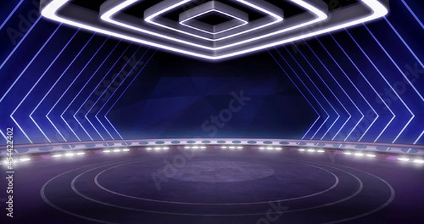 Fototapeta Full shot of a modern, virtual TV show background, ideal for artistic tv shows, tech infomercials or launch events. 3D rendering backdrop suitable on VR tracking system stage sets, with green screen
