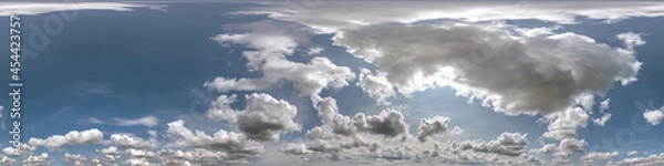 Fototapeta blue sky hdri 360 panorama with white beautiful clouds. Seamless panorama with zenith for use in 3d graphics or game development as sky dome or edit drone shot for sky replacement