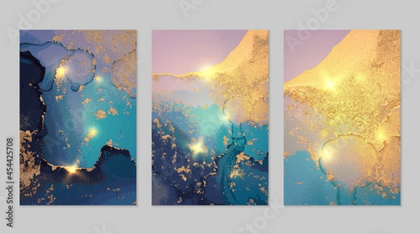 Fototapeta Set of luxury abstract fluid art alcohol ink patterns with marble texture. Modern ocean blue and gold sand backgrounds with paint splash and golden glitter for poster, flyer, brochure design.