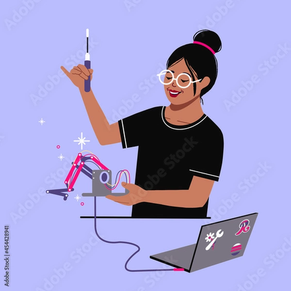 Obraz Robotics engineer with robot.  female engineer coding robots. Machine automation Technology. Mechanical engineer, Electrical engineer,  computer science, ai,  human assistant.