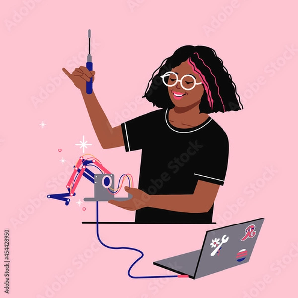 Obraz Robotics engineer with robot.  female engineer coding robots. Machine automation Technology. Mechanical engineer, Electrical engineer,  computer science, ai,  human assistant.