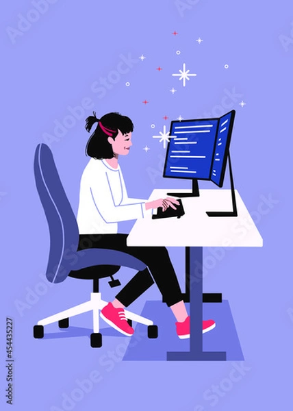 Obraz Software engineering sitting by computer.  two monitors on desk.  female software developer coding in front of screen.  computer science programmer typing.  work from home remote tech.