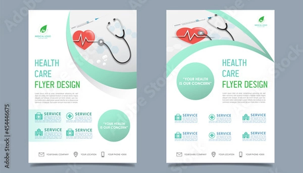 Fototapeta Health Care flyer brochure template design, fmedical healthcare flyer template white background for text, space for picture and blue wavy lines decoration. vector illustration 