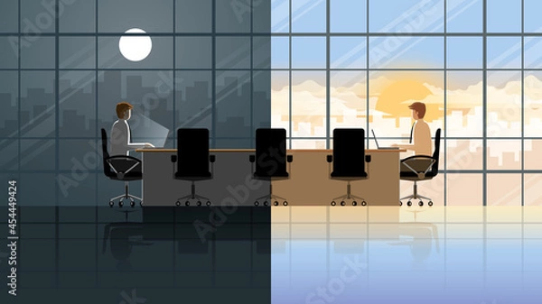 Fototapeta Working all-time in day and night. An employee salaryman working in company workplace meeting conference room. The routine lifestyle of office people city lifestyle. Working hard, overtime, overwork. 