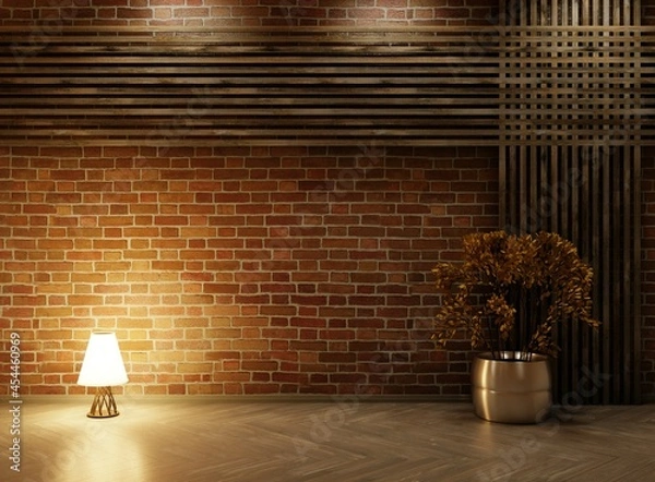 Obraz Night interior with brick wall and lamp on the wooden floor. 3D rendering.
