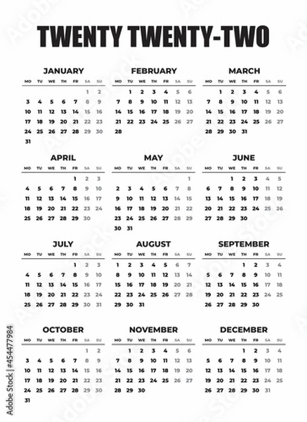 Fototapeta 2022 Black and White Monday Start Calendar