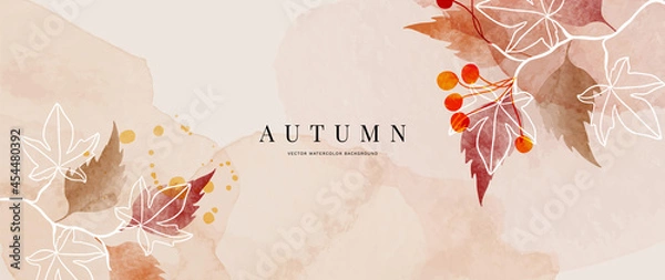 Obraz Jesienna konstrukcja tła z konsystencją pędzla akwarelowego, kwiatem i liście botanicznym rysunek ręczny. Streszczenie Art Wallpaper Design for Wall Arts, Wedding i VIP Invite Card. wektor EPS10