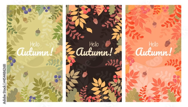 Fototapeta A set of vector autumn postcards with tree leaves, berries and branches. Thematic, seasonal image of autumn in different colors for printing on leaflets, postcards, invitations, banners