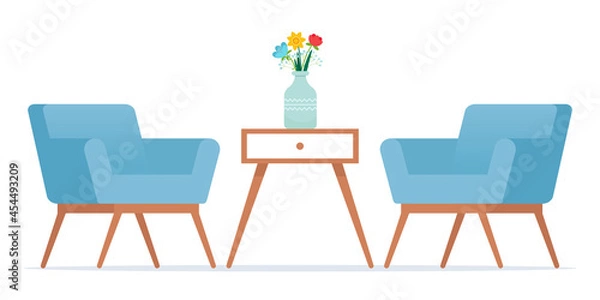 Fototapeta Two Armchairs and coffee table in modern style with vase. Front view. Vector illustration in flat style