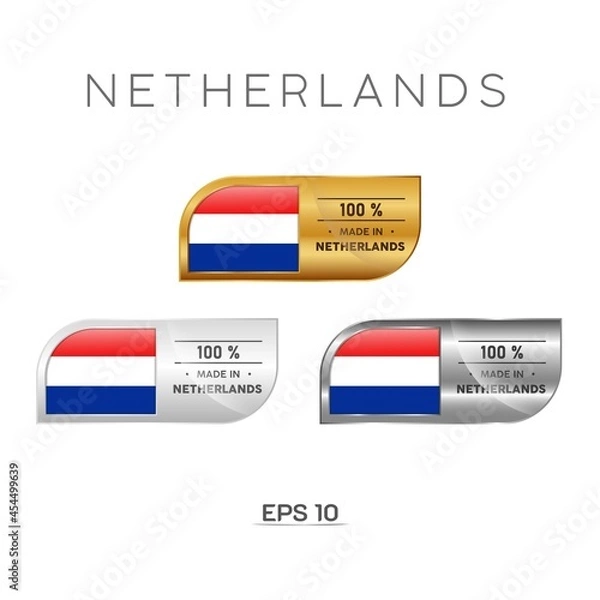 Fototapeta Made in Netherlands Label, Stamp, Badge, or Logo. With The National Flag of Netherlands. On platinum, gold, and silver colors. Premium and Luxury Emblem