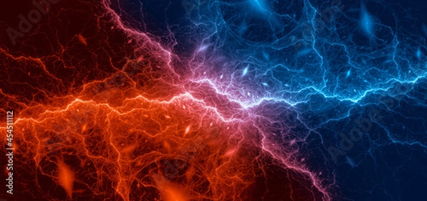Fototapeta Blue and red lightning, abstract plasma background fire and ice elements