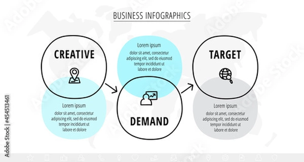 Fototapeta Vector hand-drawn sketch infographics with three circles and arrows. Business visualization with 3 steps and options for diagram, flowchart, banner, presentations, web, content, levels, chart, graphic