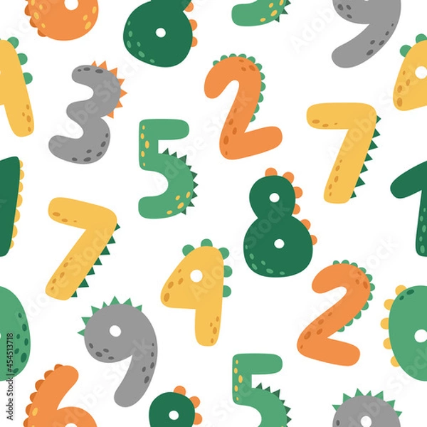 Fototapeta A fun seamless pattern with numbers. Multi-colored numbers in the style of dino. Vector illustration for children
