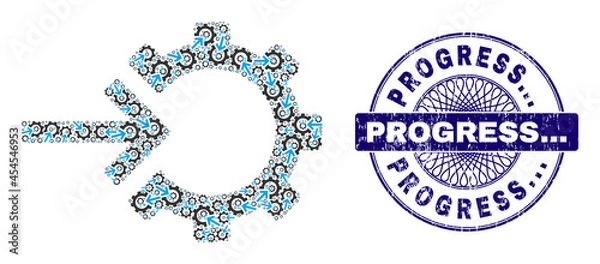 Obraz Recursion mosaic cog integration and Progress... round textured stamp seal. Violet seal includes Progress... caption inside circle and guilloche structure.