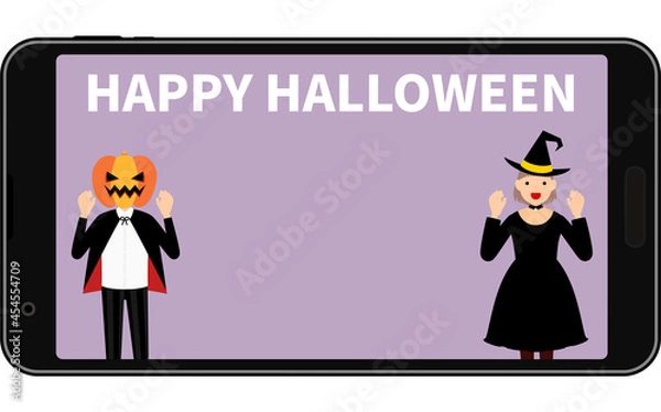 Obraz スマホでオンラインハロウィンパーティ、ジャックオランタンと魔女