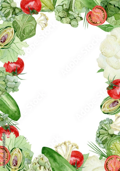 Obraz Watercolor vegetables frame border with cabbage, cucumber, tomato. Hand painted vegetarian banner for eco food menu, greeting cards flyer, recipe. Farmers market. Veggie design.