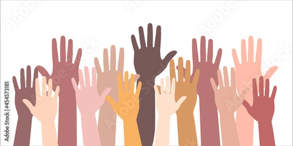 Fototapeta Many hands of different people in unity raise hands up. Raised hand silhouettes, people colorful voting illustration. Celebration, Teamwork, collaboration, voting, volunteering concert.